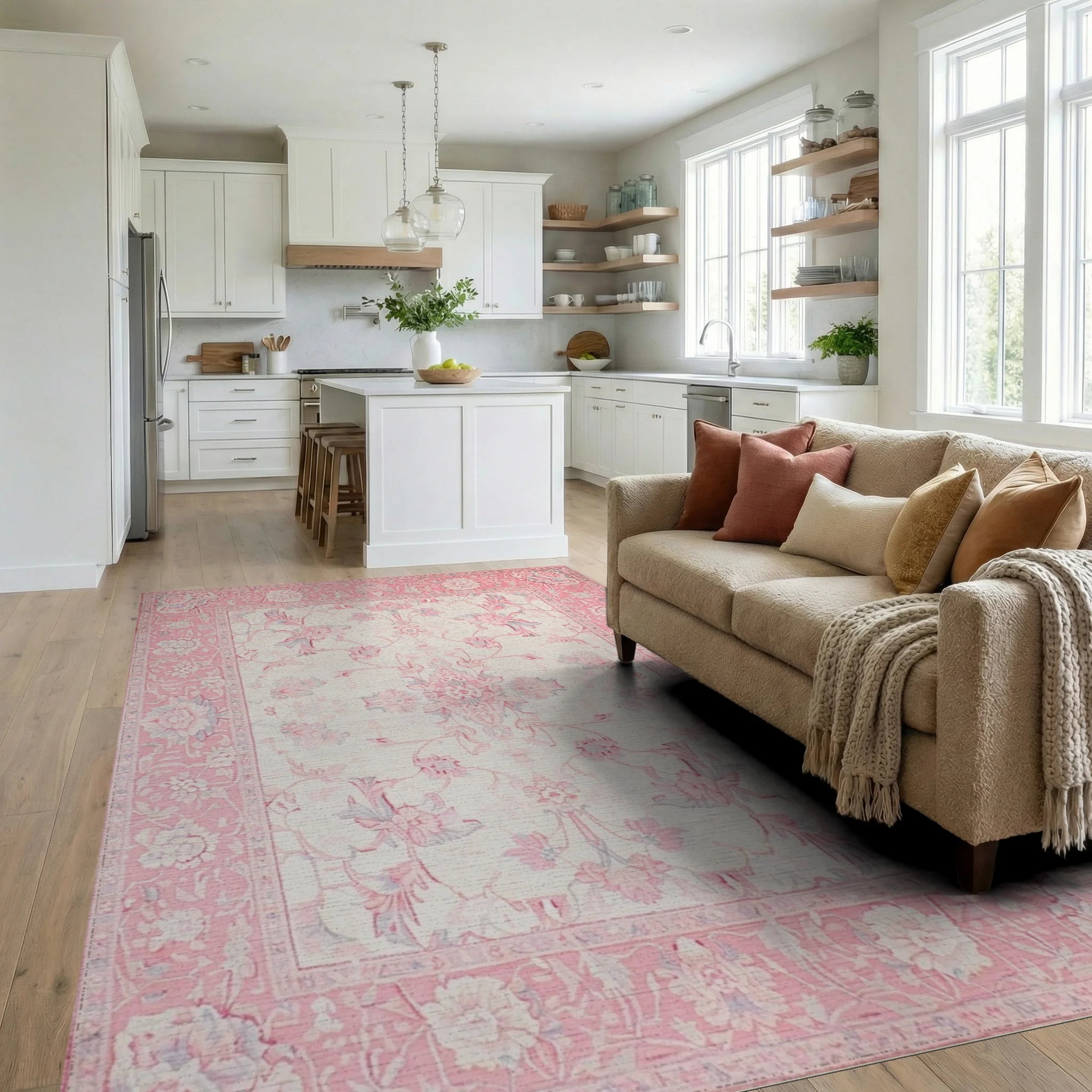 Sweet Blossom Pink Floral Medallion Rug - Living Room View