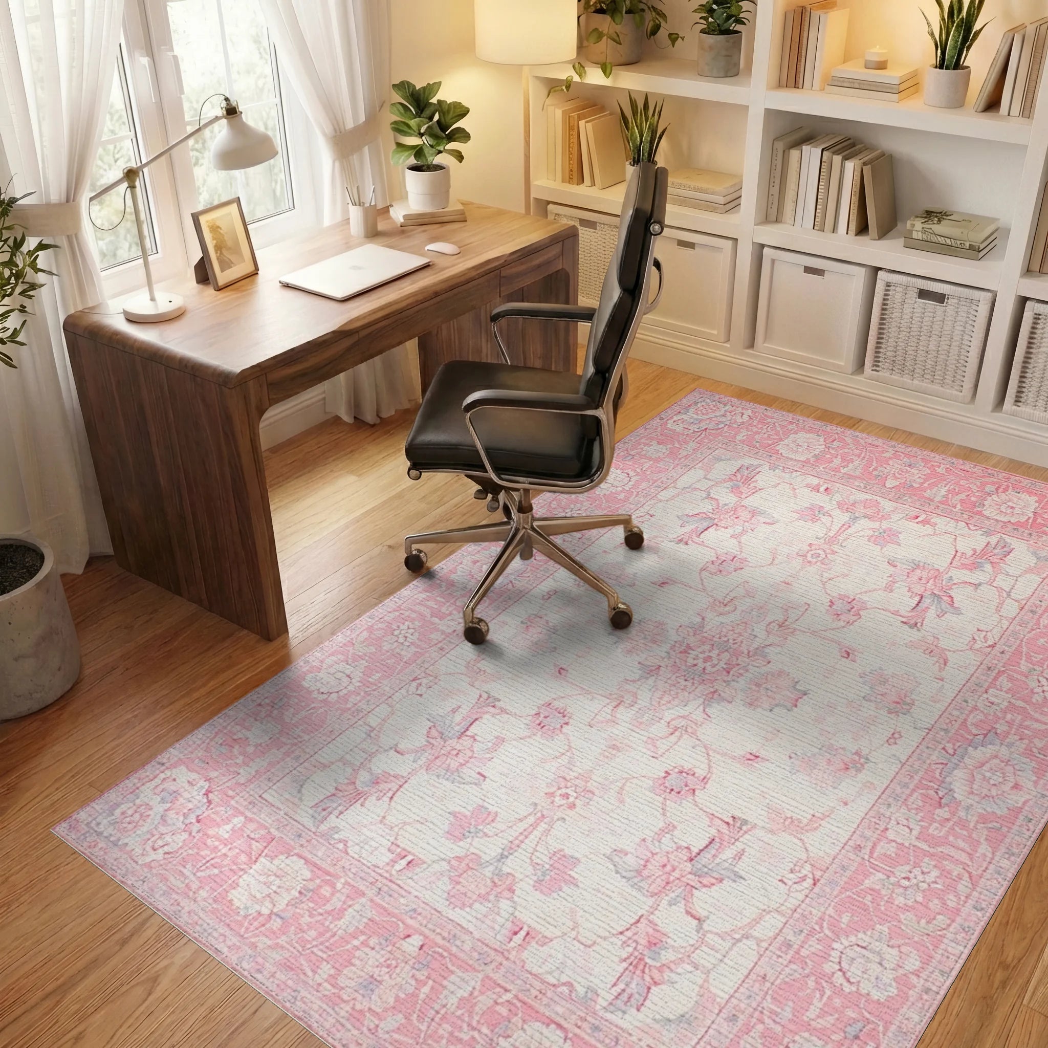 Sweet Blossom Pink Floral Medallion Rug - Office View