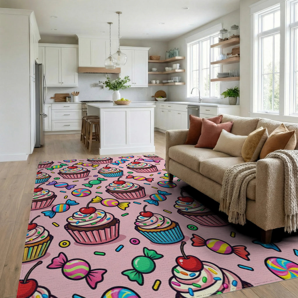 Sweet Cupcake And Candy Toss Rug Living Room View