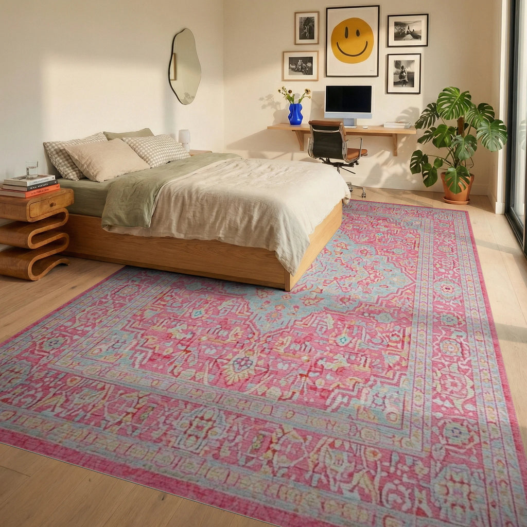 Sweet Pink Blue Medallion Rug - Bedroom View