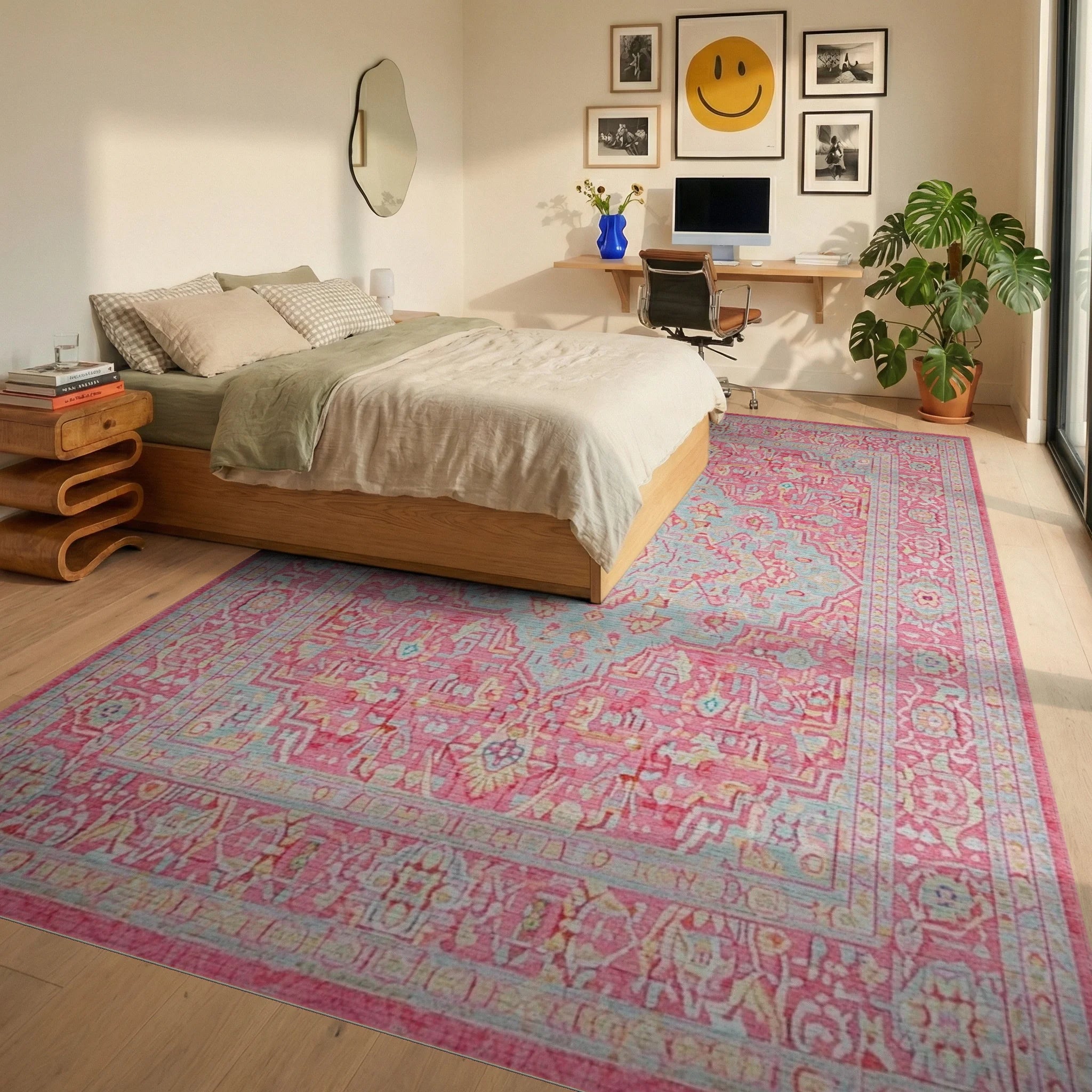 Sweet Pink Blue Medallion Rug - Bedroom View