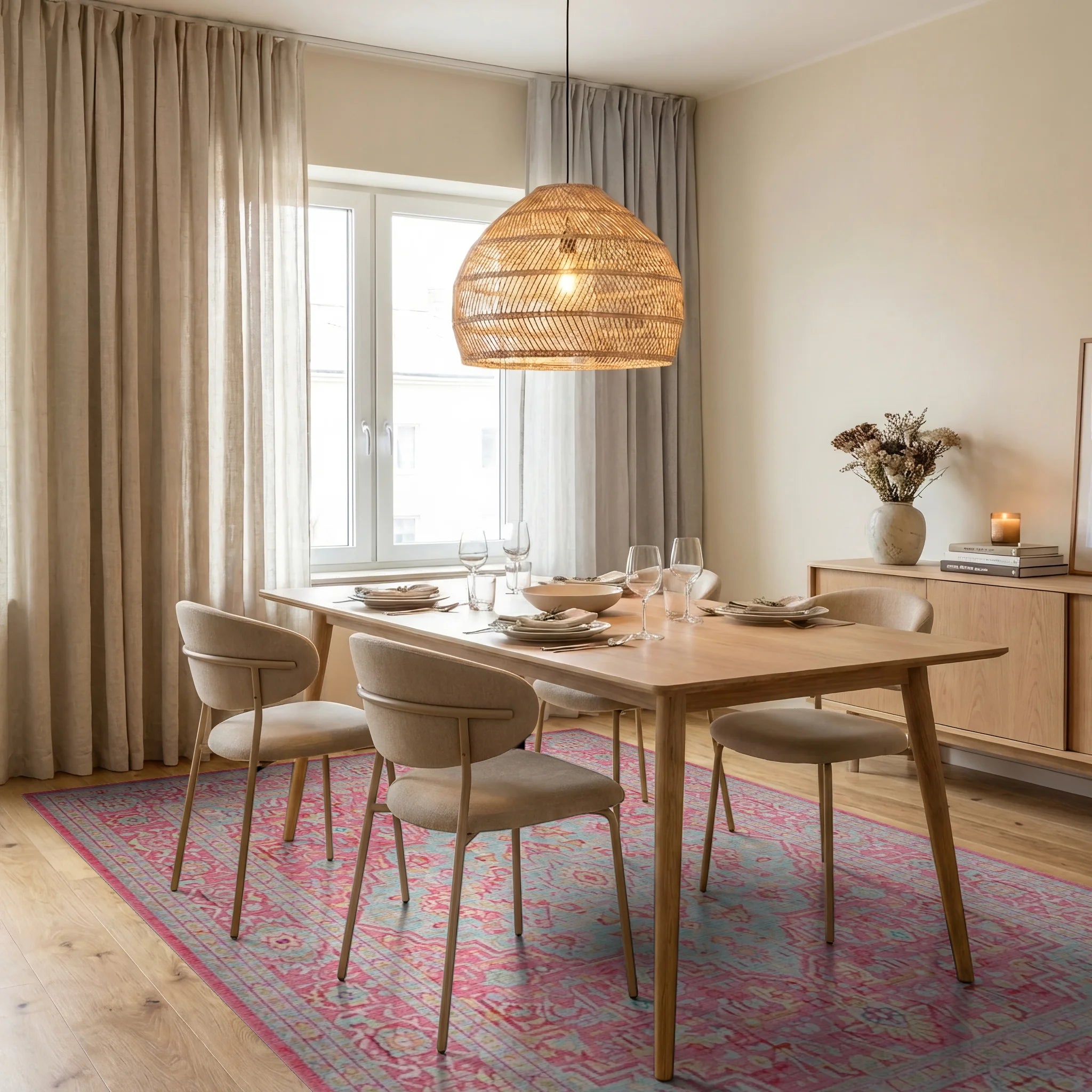Sweet Pink Blue Medallion Rug - Dining Room View