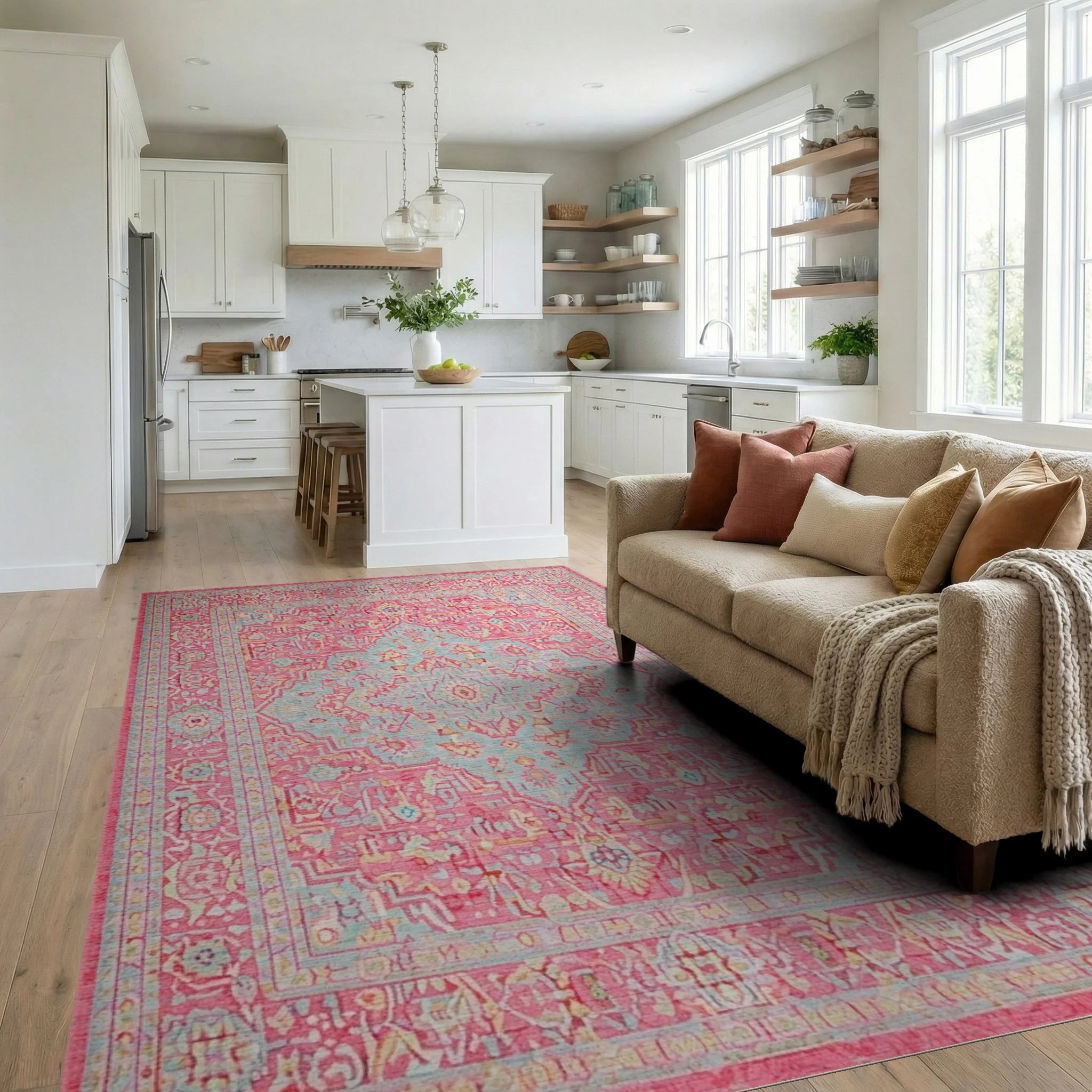 Sweet Pink Blue Medallion Rug - Living Room View