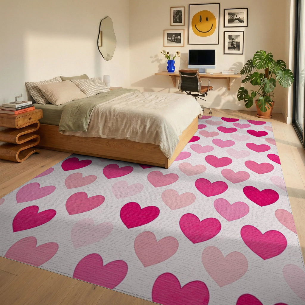 Sweet Pink Heart Collage Rug Bedroom View