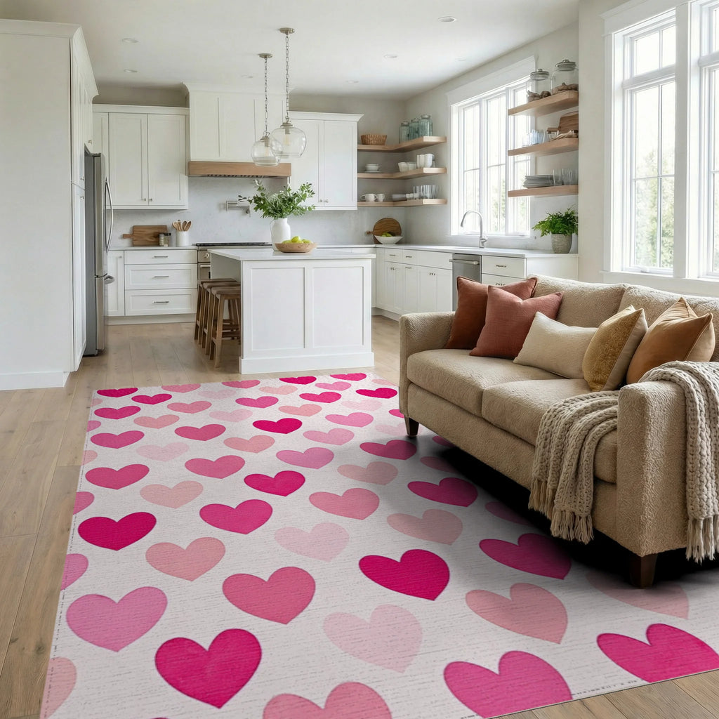 Sweet Pink Heart Collage Rug Living Room View