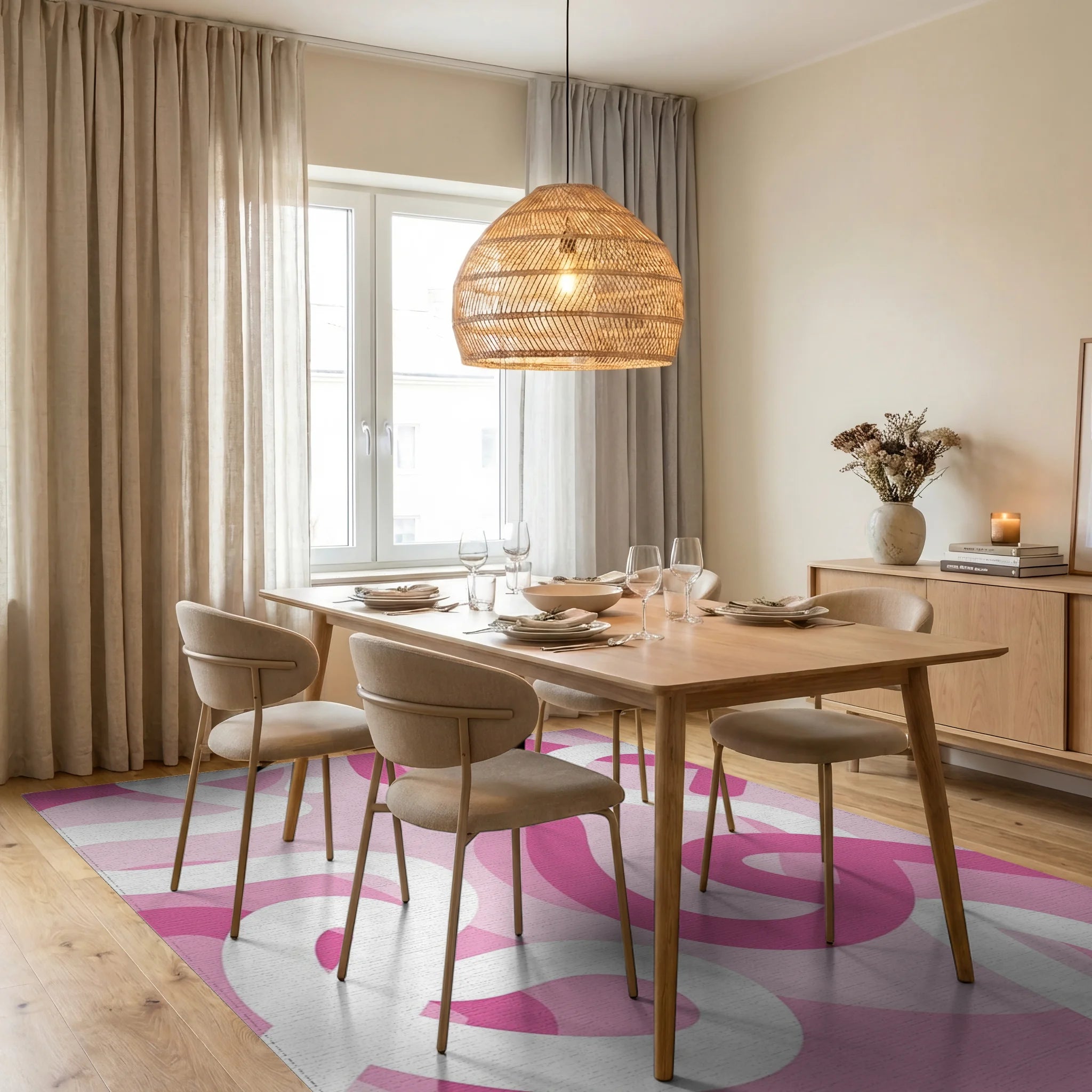 Sweet Pink Wave Pattern Design Rug Dining Room View