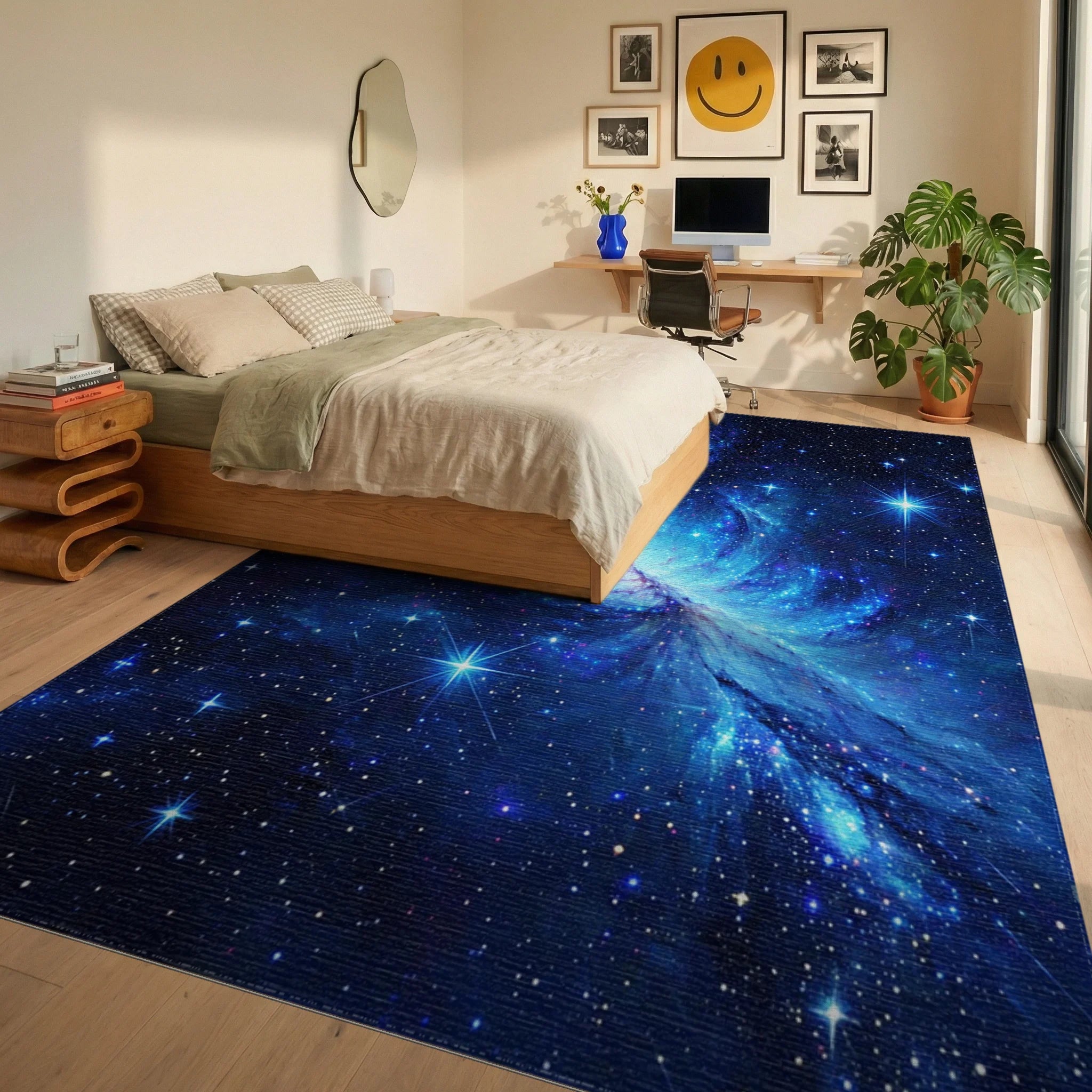 Swirling Blue Nebula Stars Rug - Bedroom View