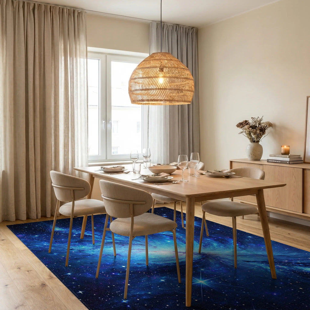 Swirling Blue Nebula Stars Rug - Dining Room View