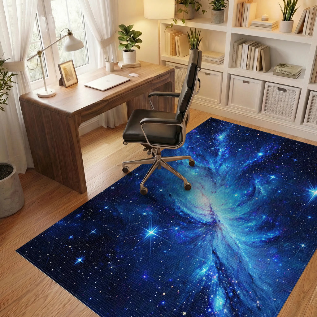 Swirling Blue Nebula Stars Rug - Office View