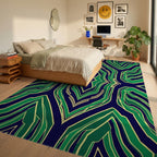 Symmetrical Green And Navy Abstract Design Rug Bedroom View