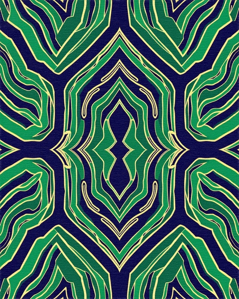 Symmetrical Green And Navy Abstract Design Rug - Cutout View