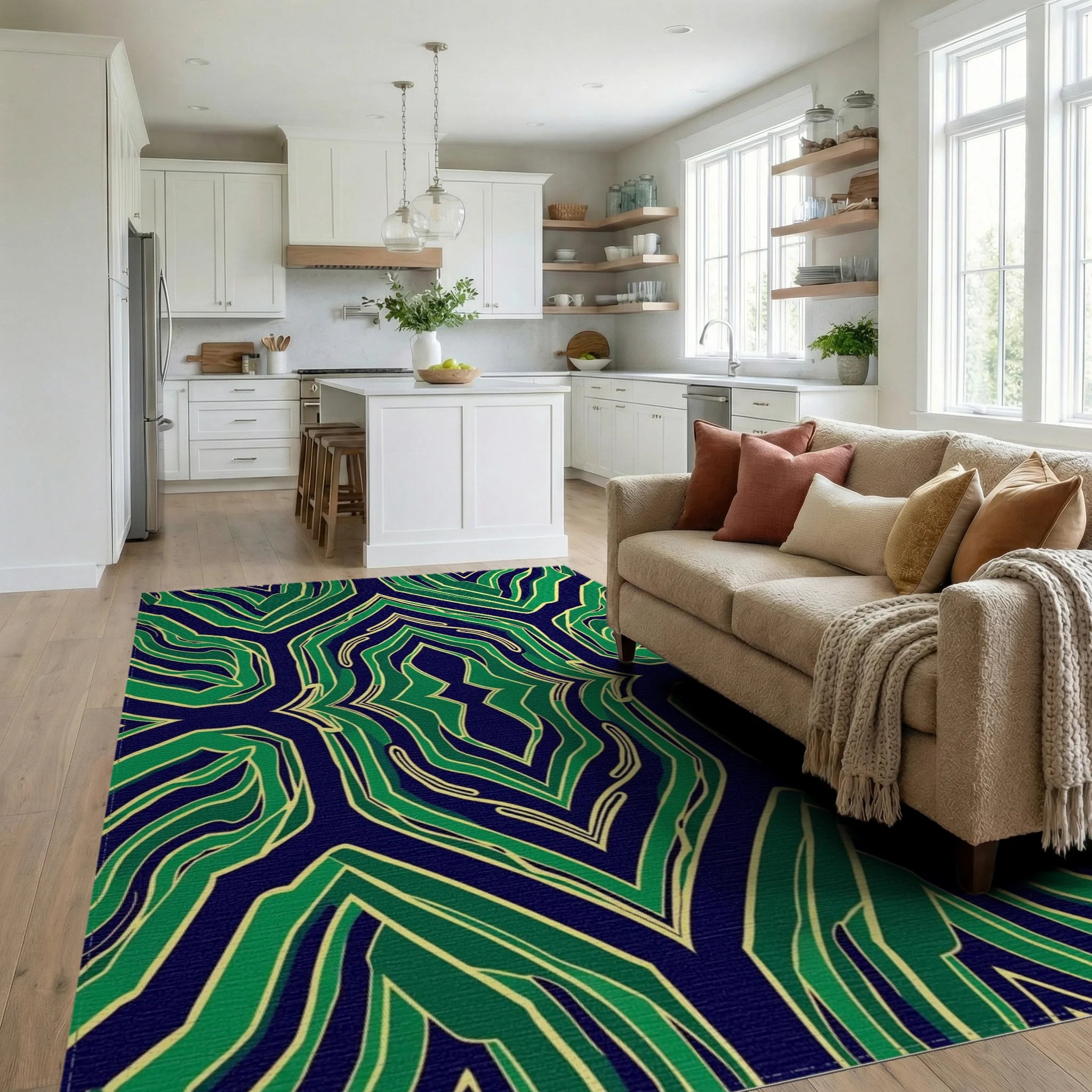 Symmetrical Green And Navy Abstract Design Rug Living Room View