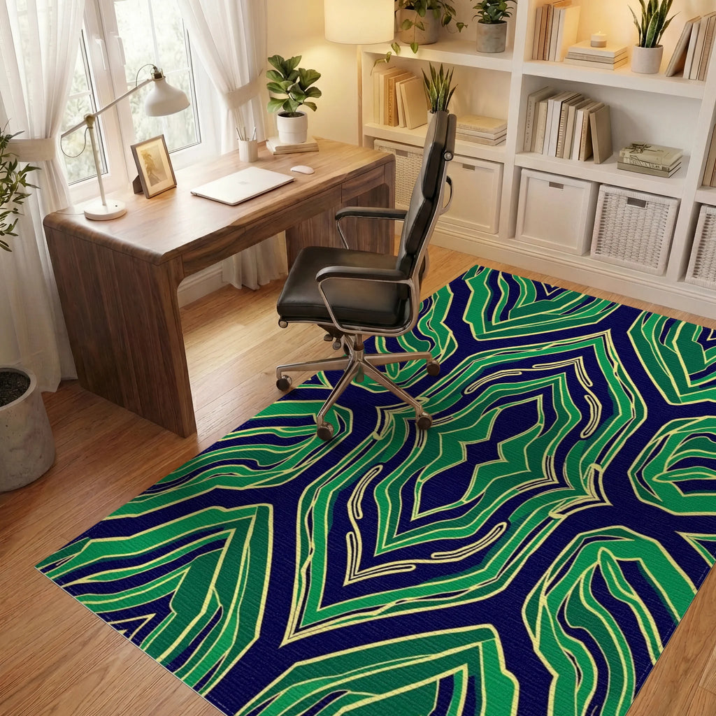 Symmetrical Green And Navy Abstract Design Rug Office View