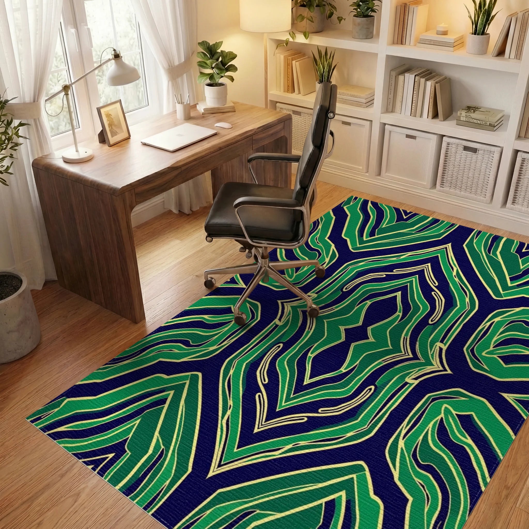 Symmetrical Green And Navy Abstract Design Rug Office View