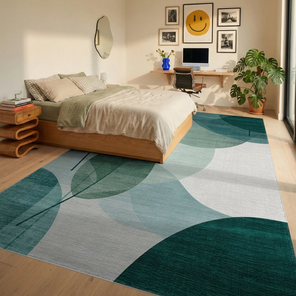 Teal Abstract Leaf Mosaic Rug - Bedroom View