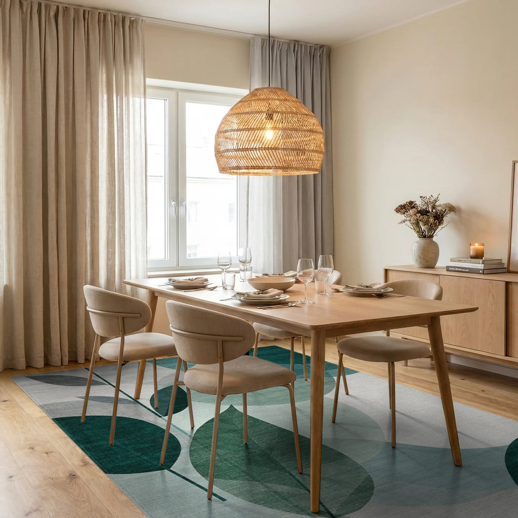 Teal Abstract Leaf Mosaic Rug - Dining Room View
