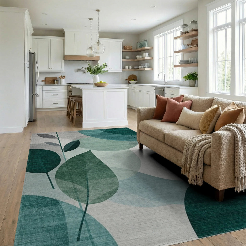 Teal Abstract Leaf Mosaic Rug - Living Room View