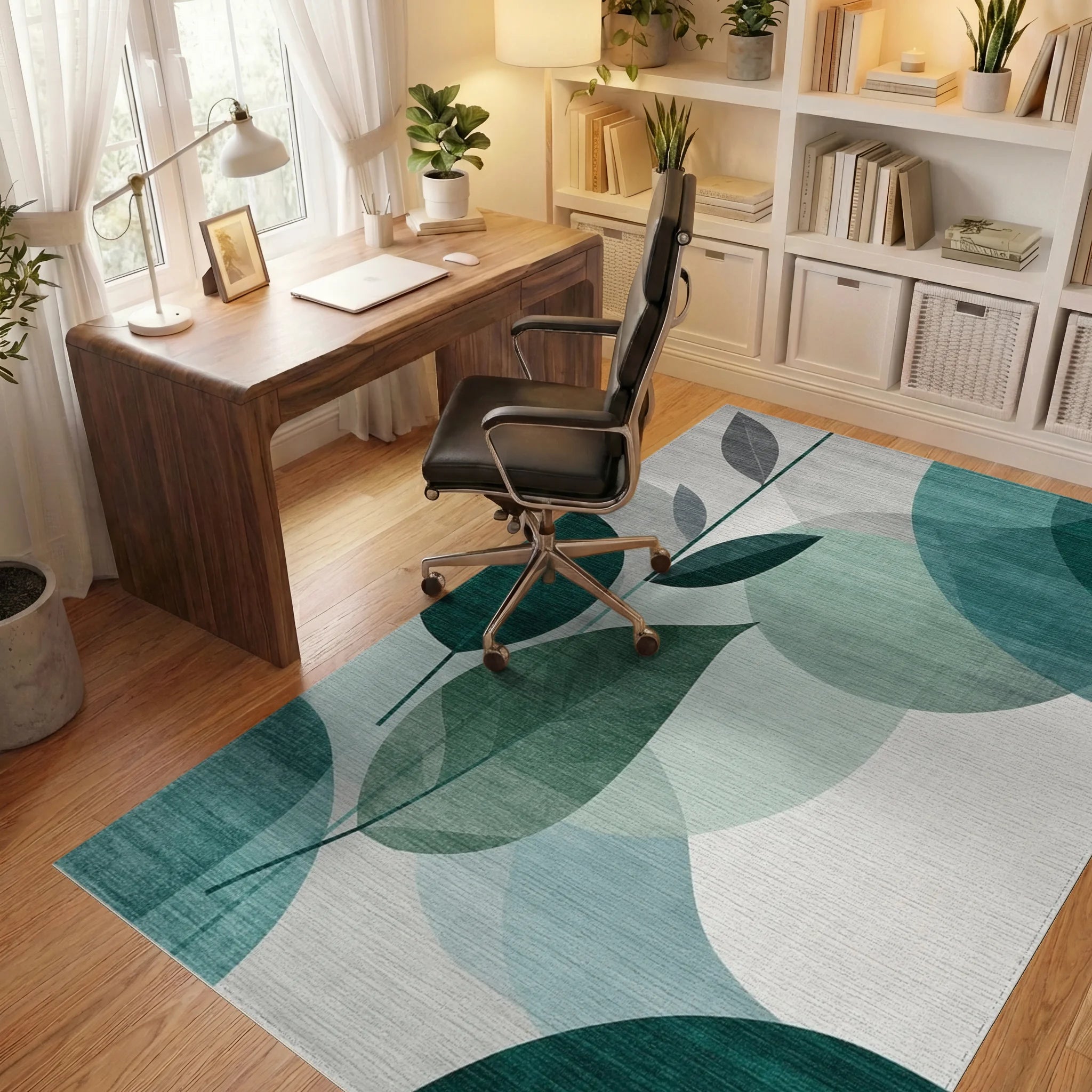 Teal Abstract Leaf Mosaic Rug - Office View