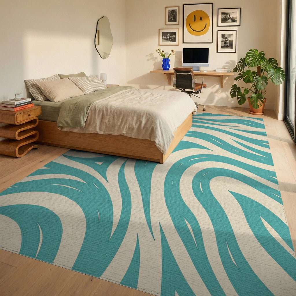 Teal And Cream Swirl Pattern Rug Bedroom View