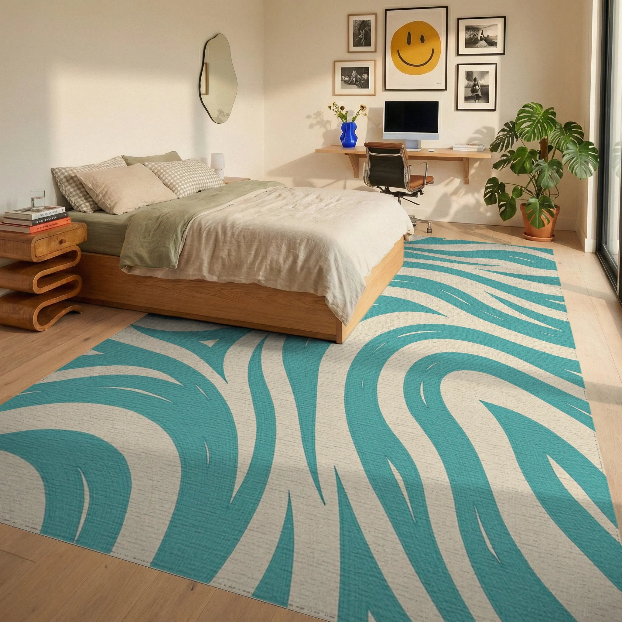 Teal And Cream Swirl Pattern Rug Bedroom View