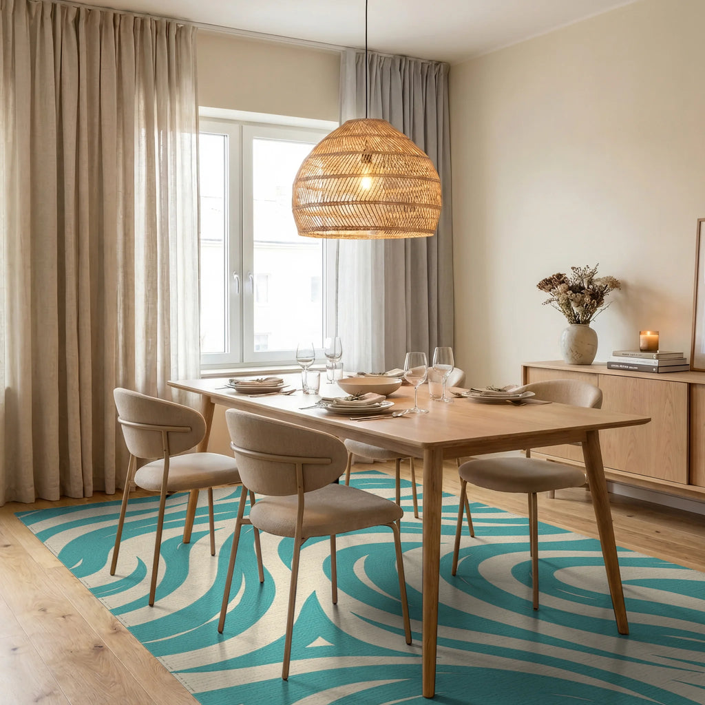 Teal And Cream Swirl Pattern Rug Dining Room View