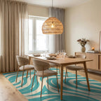 Teal And Cream Swirl Pattern Rug Dining Room View