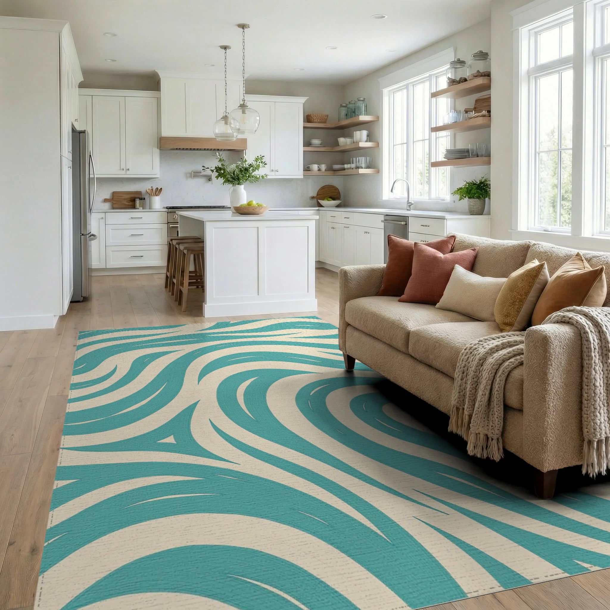 Teal And Cream Swirl Pattern Rug Living Room View