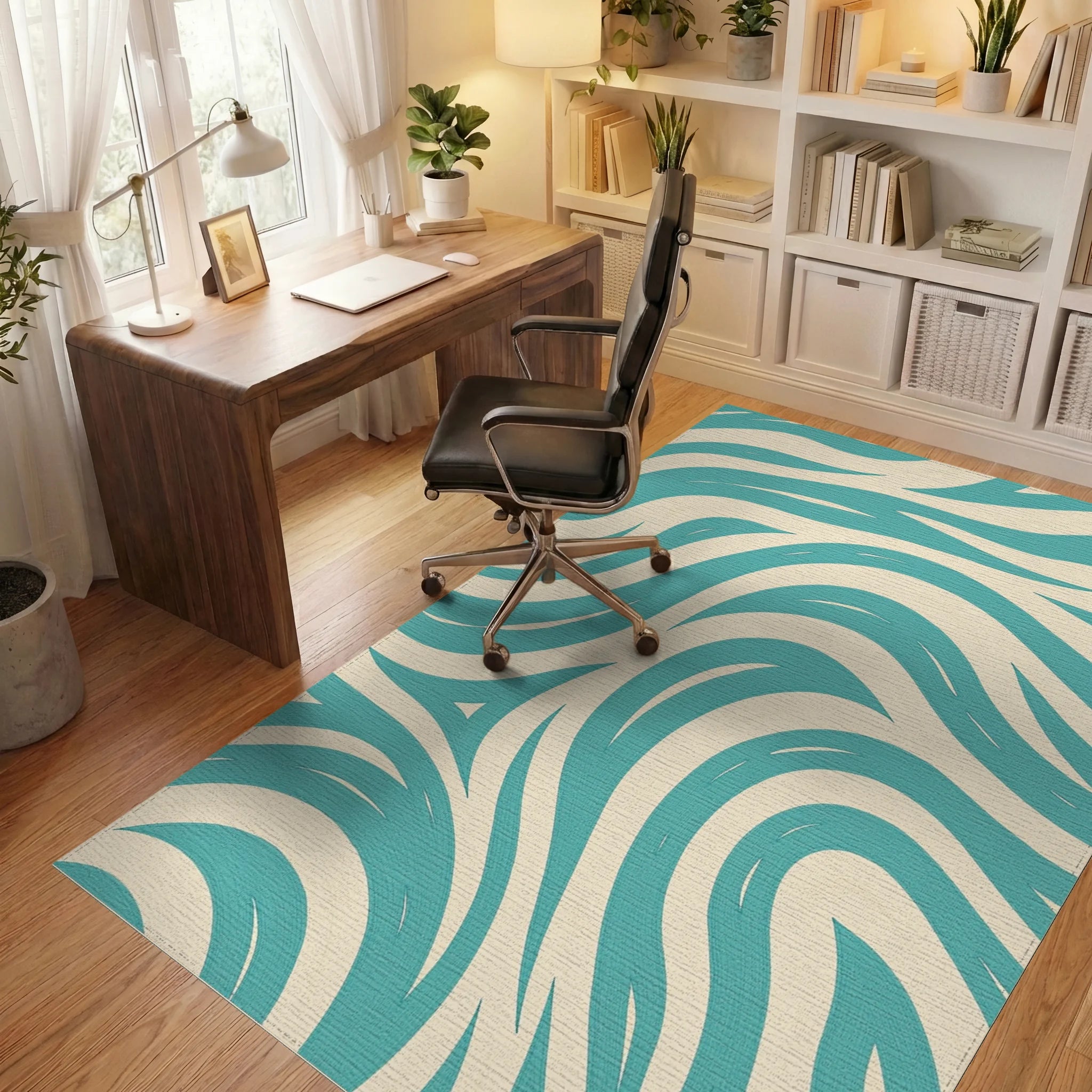 Teal And Cream Swirl Pattern Rug Office View