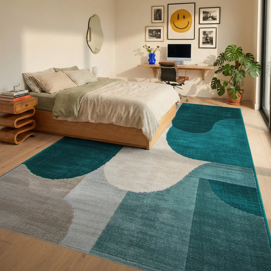 Teal and Gold Abstract Organic Shapes Rug - Bedroom View