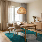 Teal and Gold Abstract Organic Shapes Rug - Dining Room View