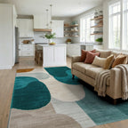 Teal and Gold Abstract Organic Shapes Rug - Living Room View
