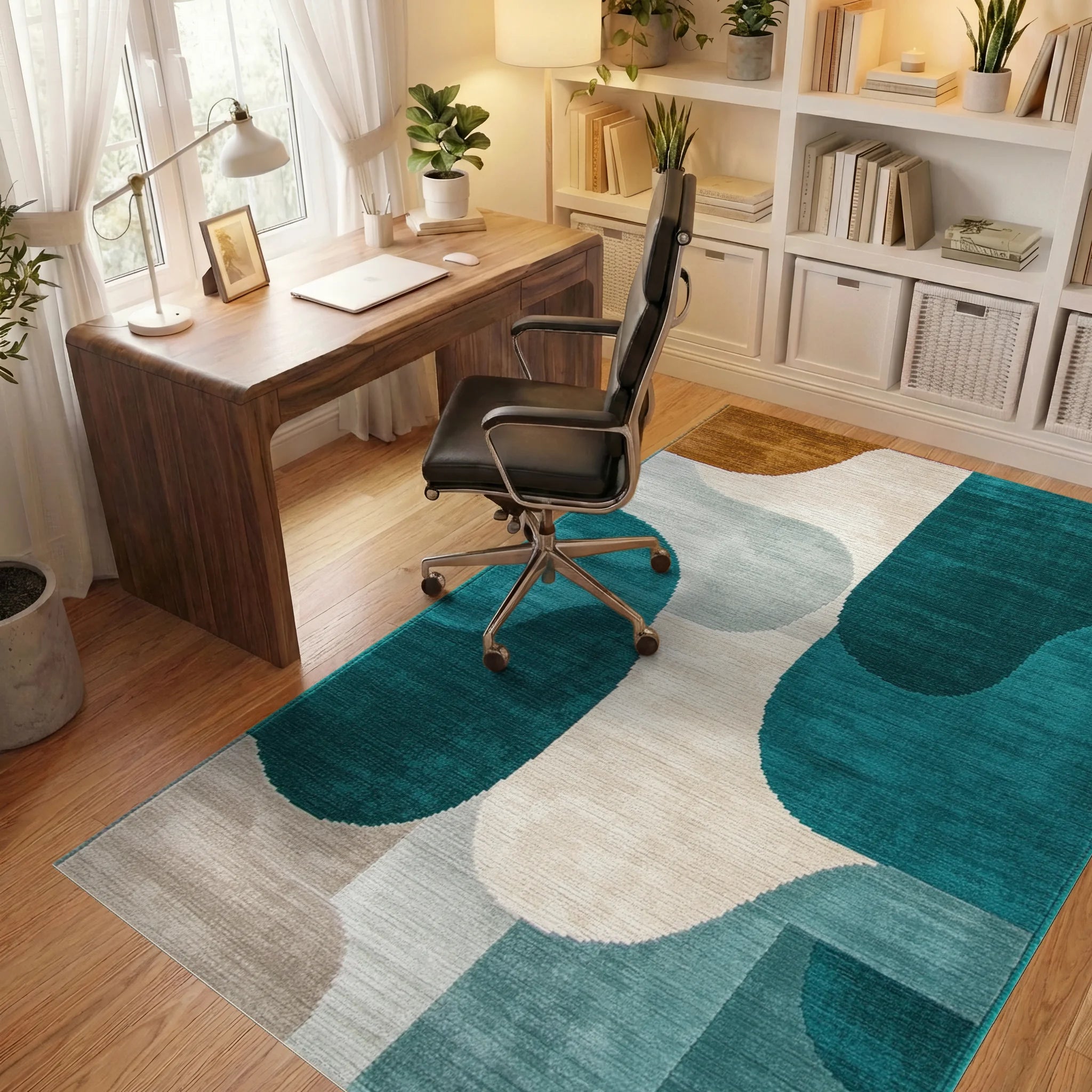 Teal and Gold Abstract Organic Shapes Rug - Office View