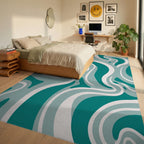 Teal And White Fluid Swirl Pattern Rug Bedroom View