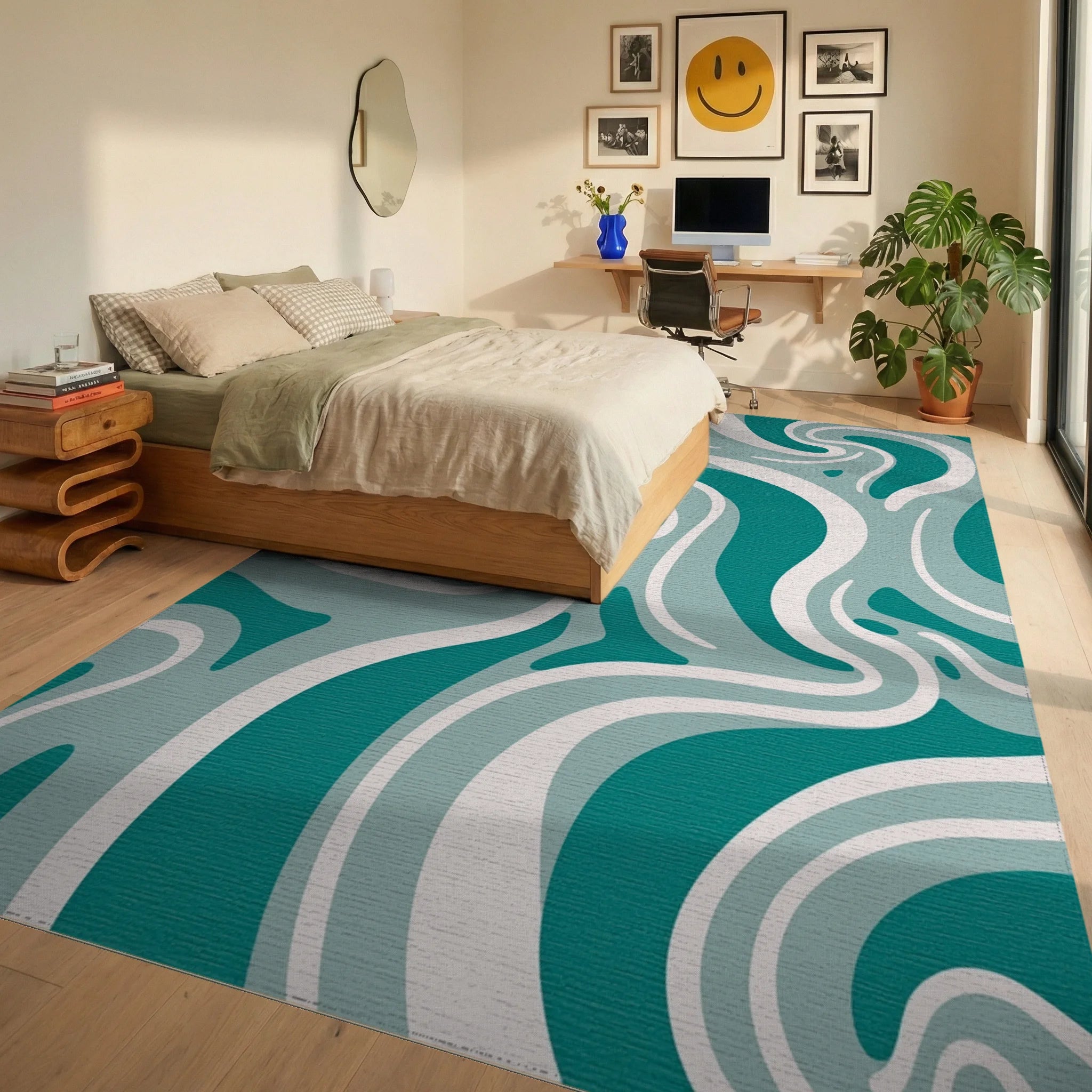 Teal And White Fluid Swirl Pattern Rug Bedroom View
