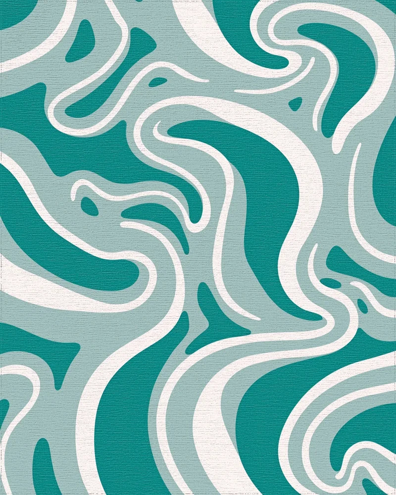 Teal And White Fluid Swirl Pattern Rug - Cutout View