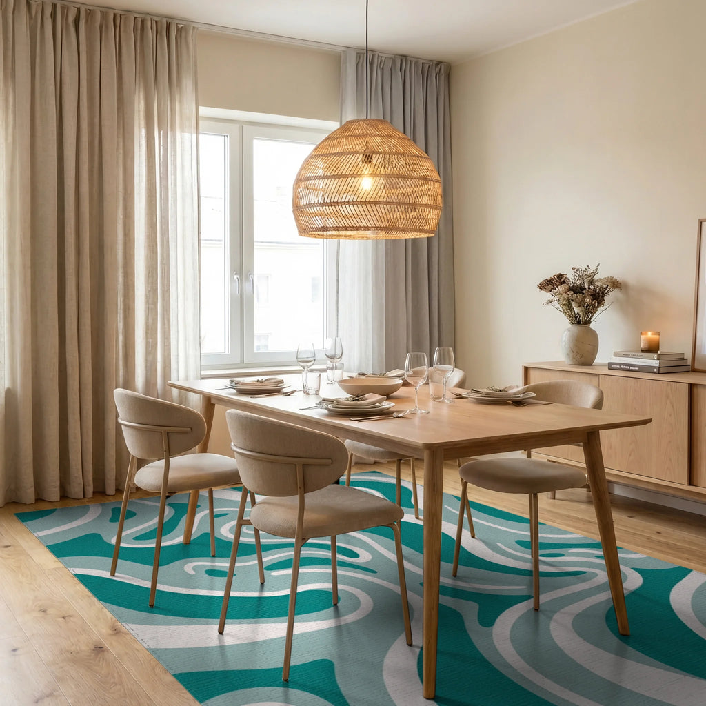Teal And White Fluid Swirl Pattern Rug Dining Room View