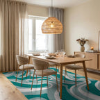 Teal And White Fluid Swirl Pattern Rug Dining Room View