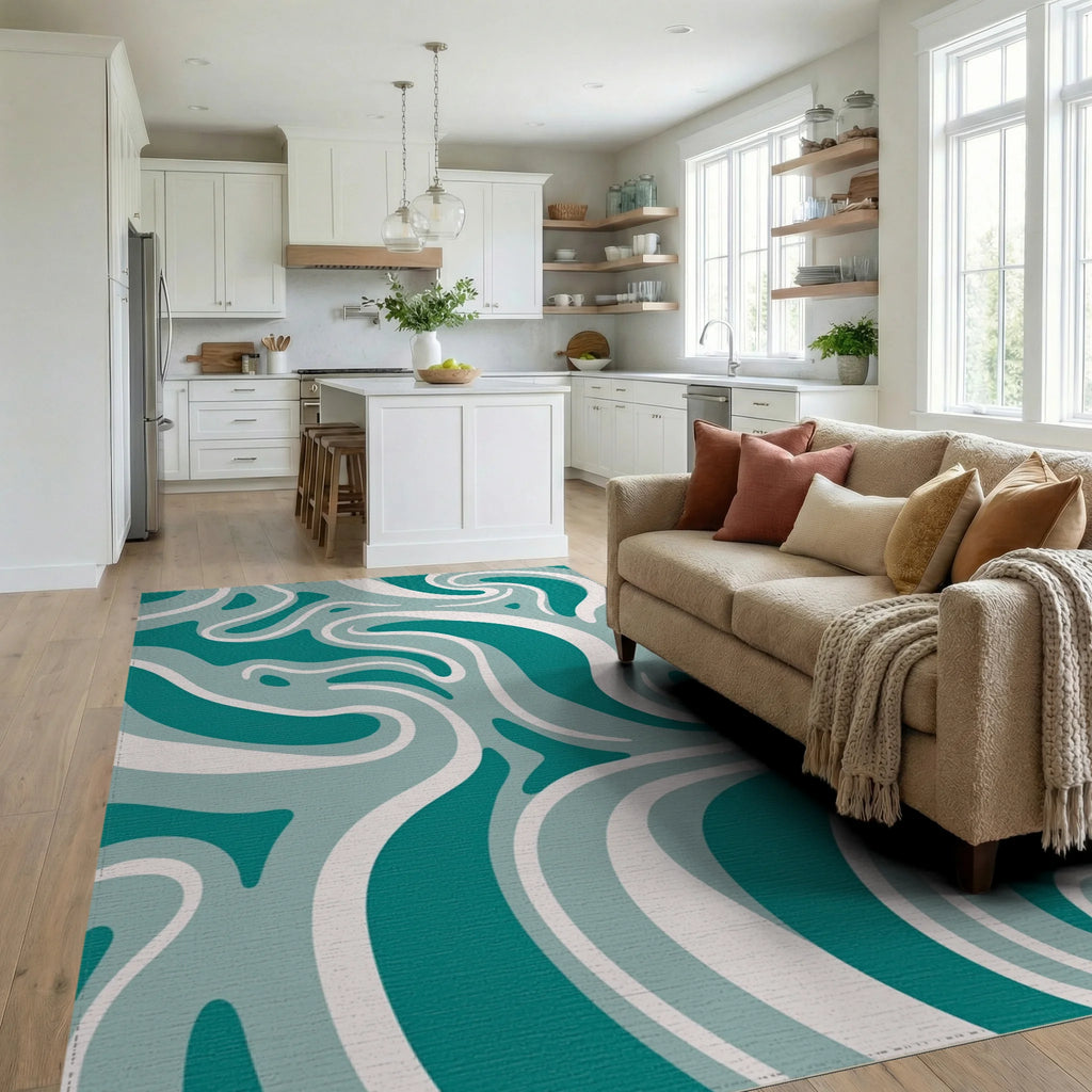 Teal And White Fluid Swirl Pattern Rug Living Room View