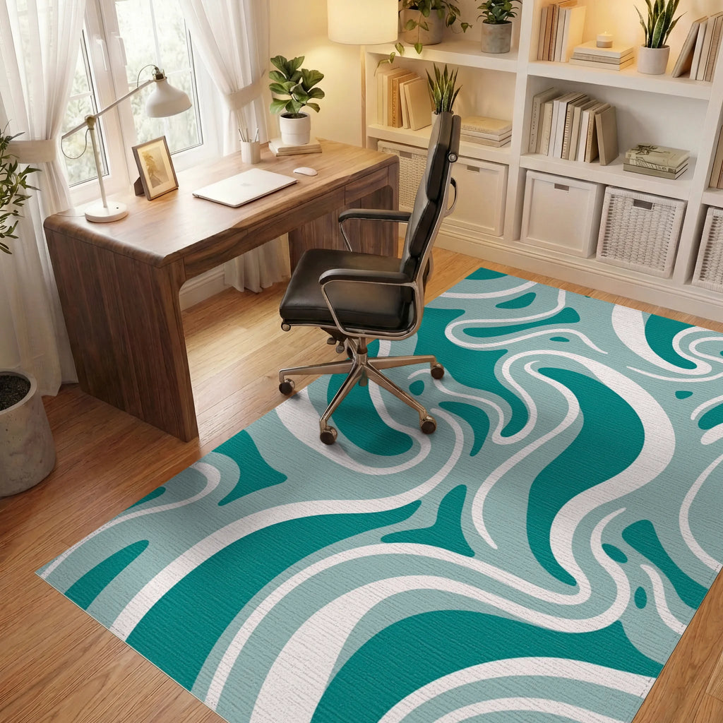 Teal And White Fluid Swirl Pattern Rug Office View