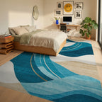 Teal Beige Wavy Abstract Rug - Bedroom View