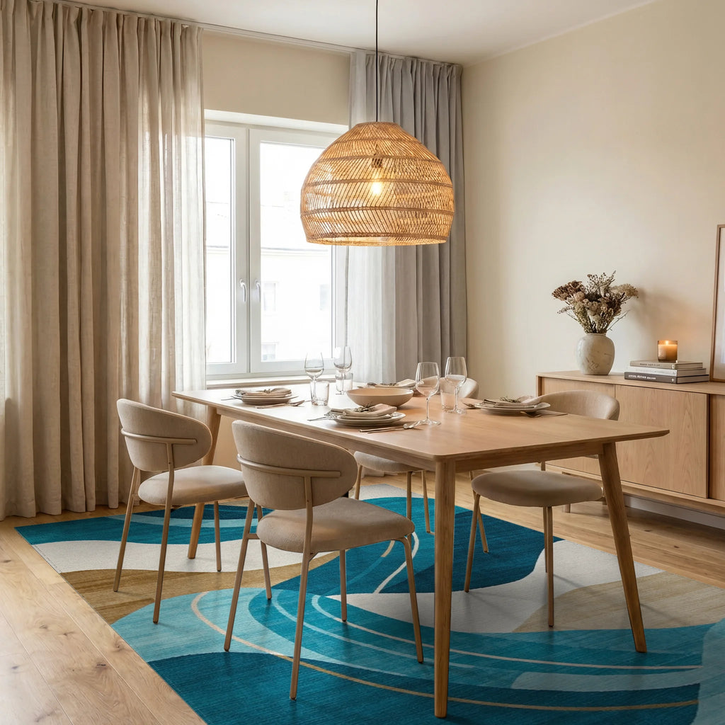 Teal Beige Wavy Abstract Rug - Dining Room View