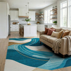 Teal Beige Wavy Abstract Rug - Living Room View