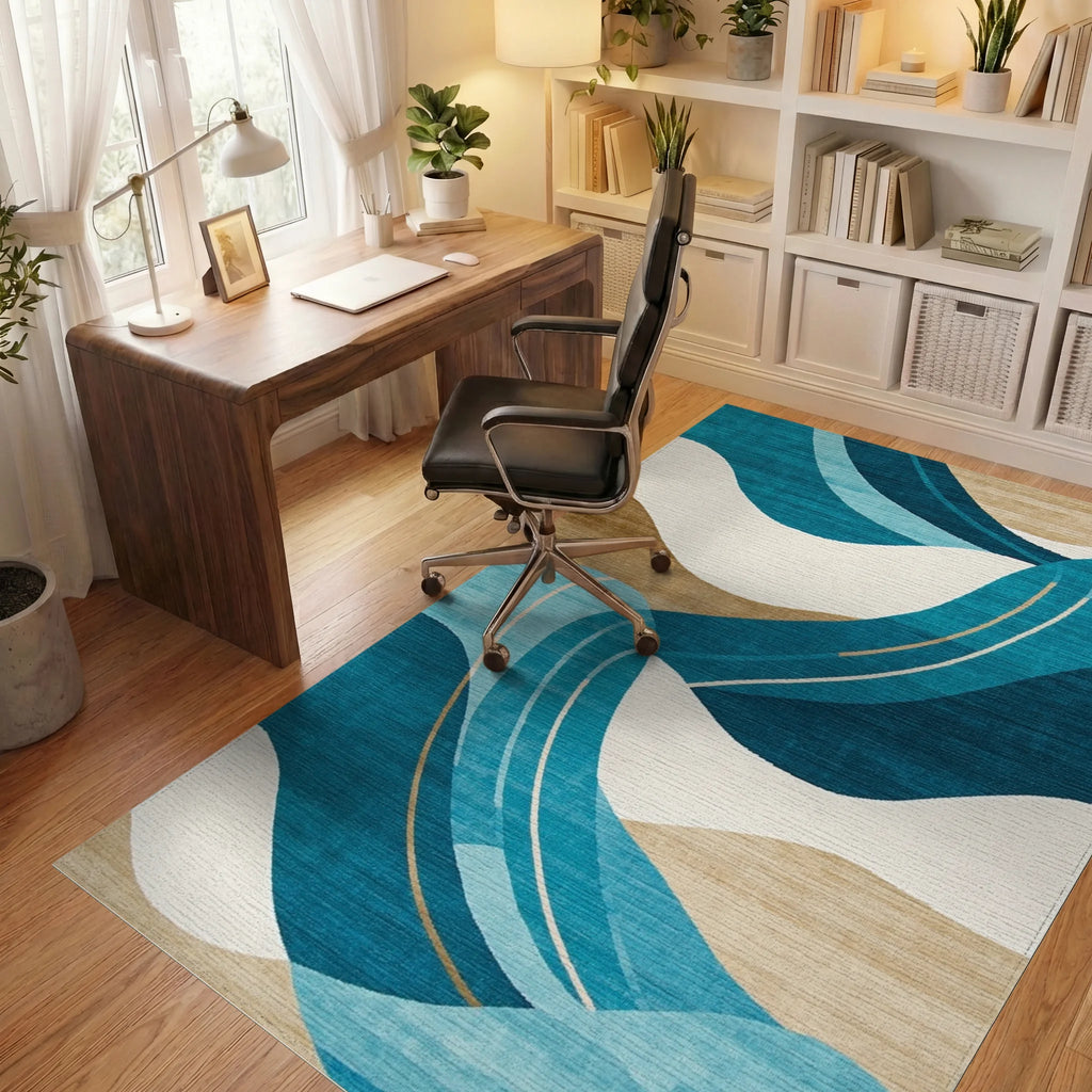 Teal Beige Wavy Abstract Rug - Office View