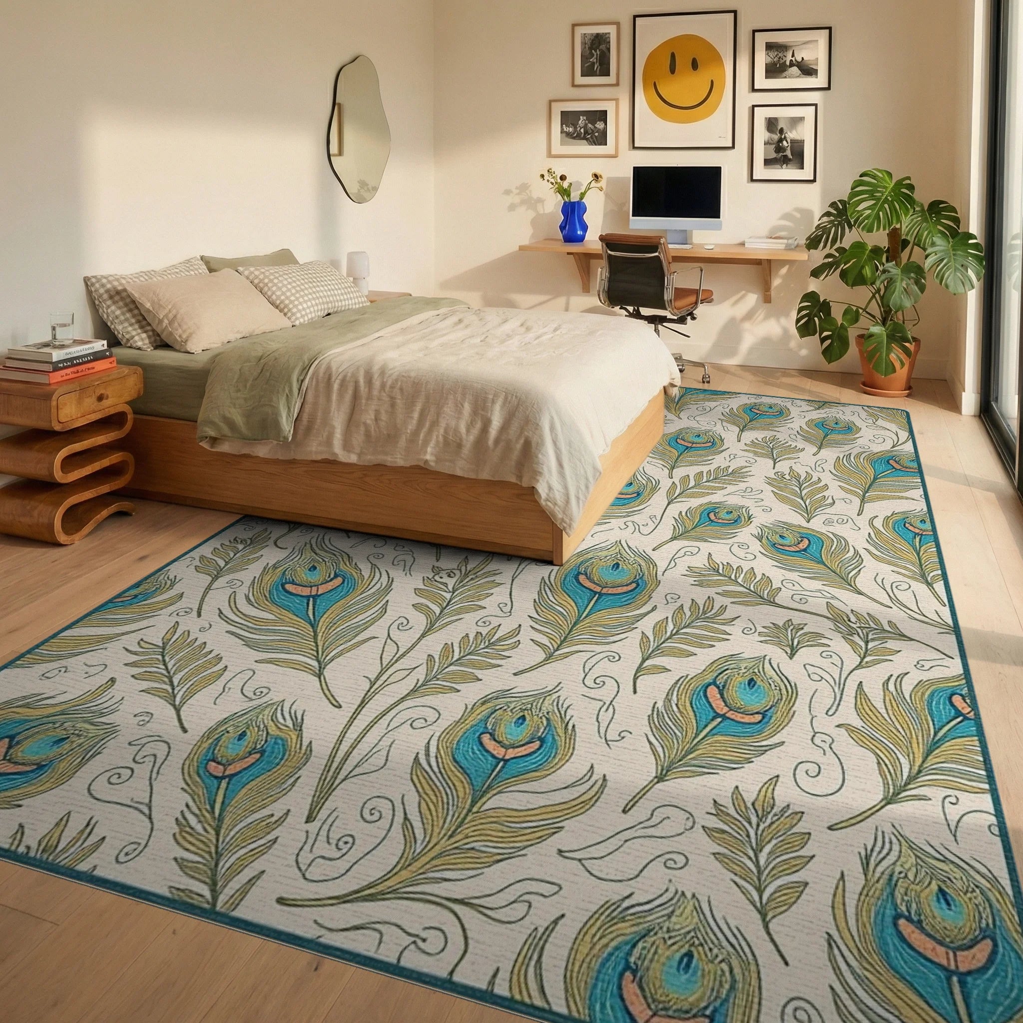 Teal Blue Peacock Feather Garden Rug - Bedroom View