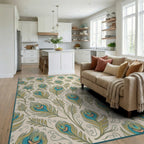 Teal Blue Peacock Feather Garden Rug - Living Room View