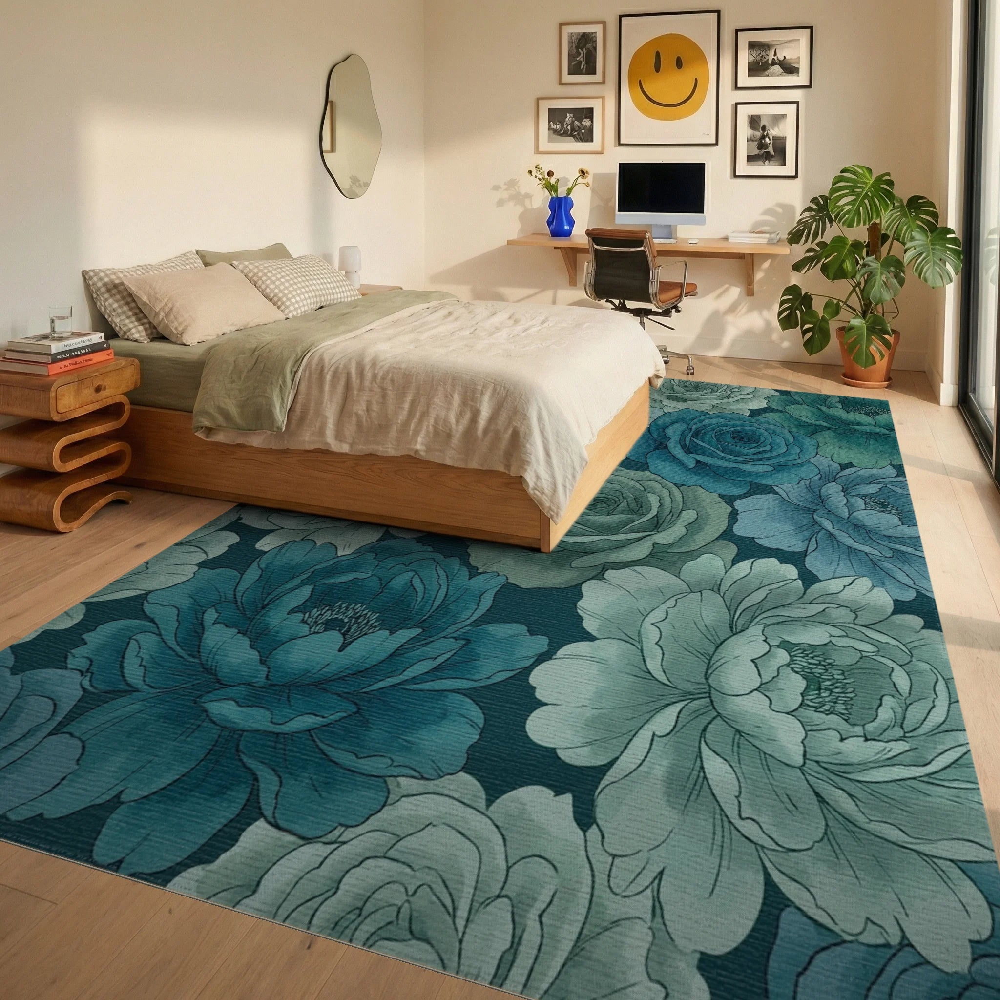 Teal Blue Rose Peony Garden Rug Bedroom View