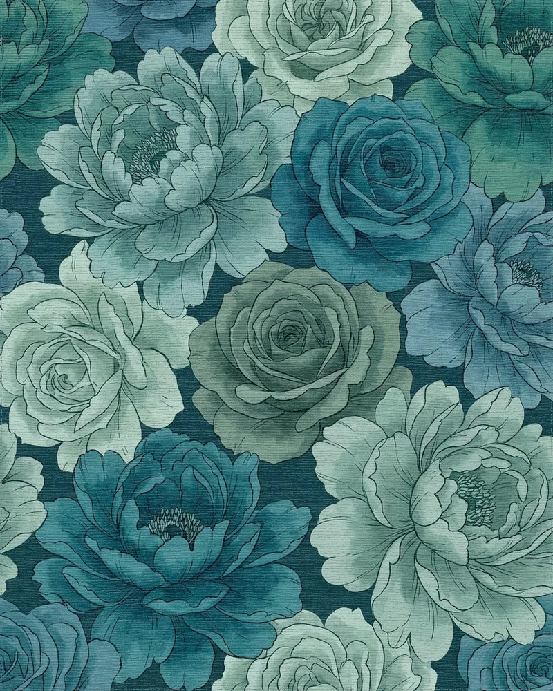 Teal Blue Rose Peony Garden Rug - Cutout View