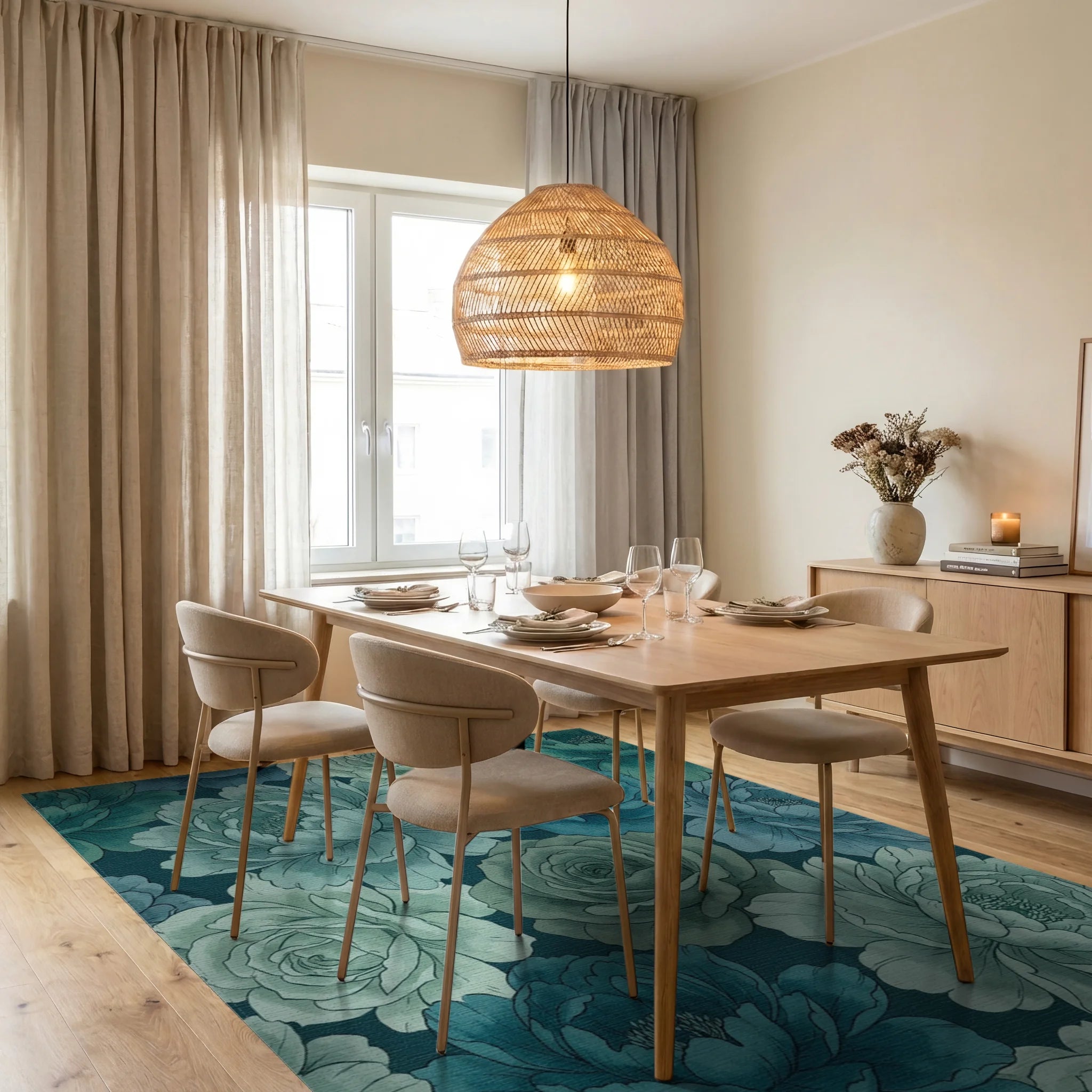 Teal Blue Rose Peony Garden Rug Dining Room View