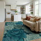 Teal Blue Rose Peony Garden Rug Living Room View