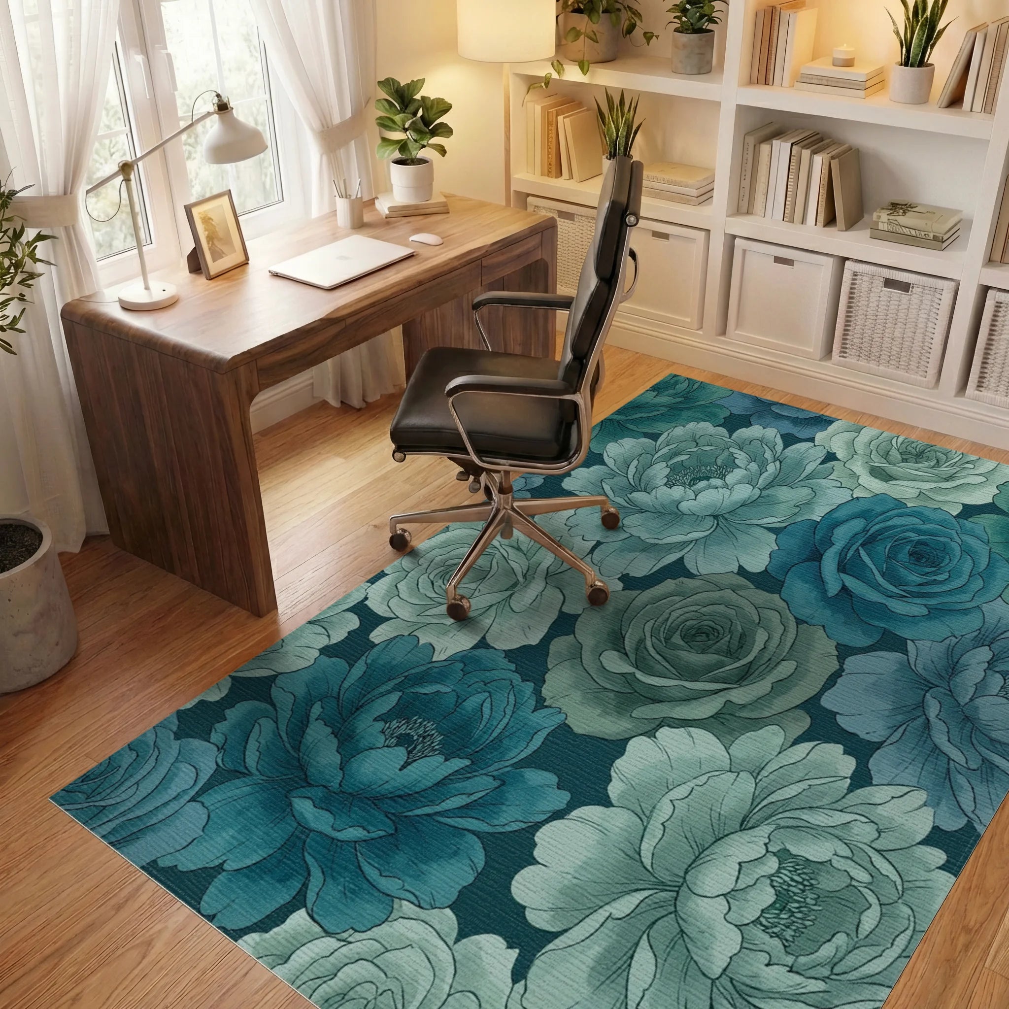Teal Blue Rose Peony Garden Rug Office View